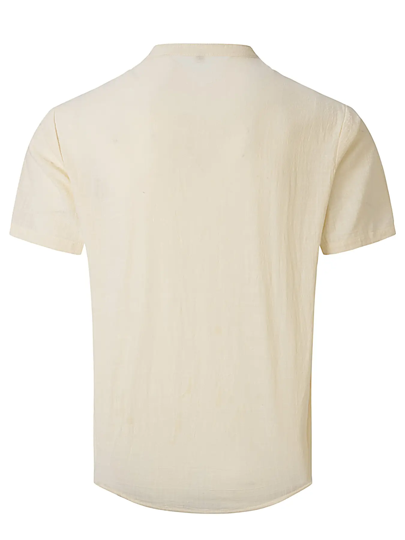 Men Vintage Cotton Linen Henry Collar Shirt Blue Short Sleeve — feature 16