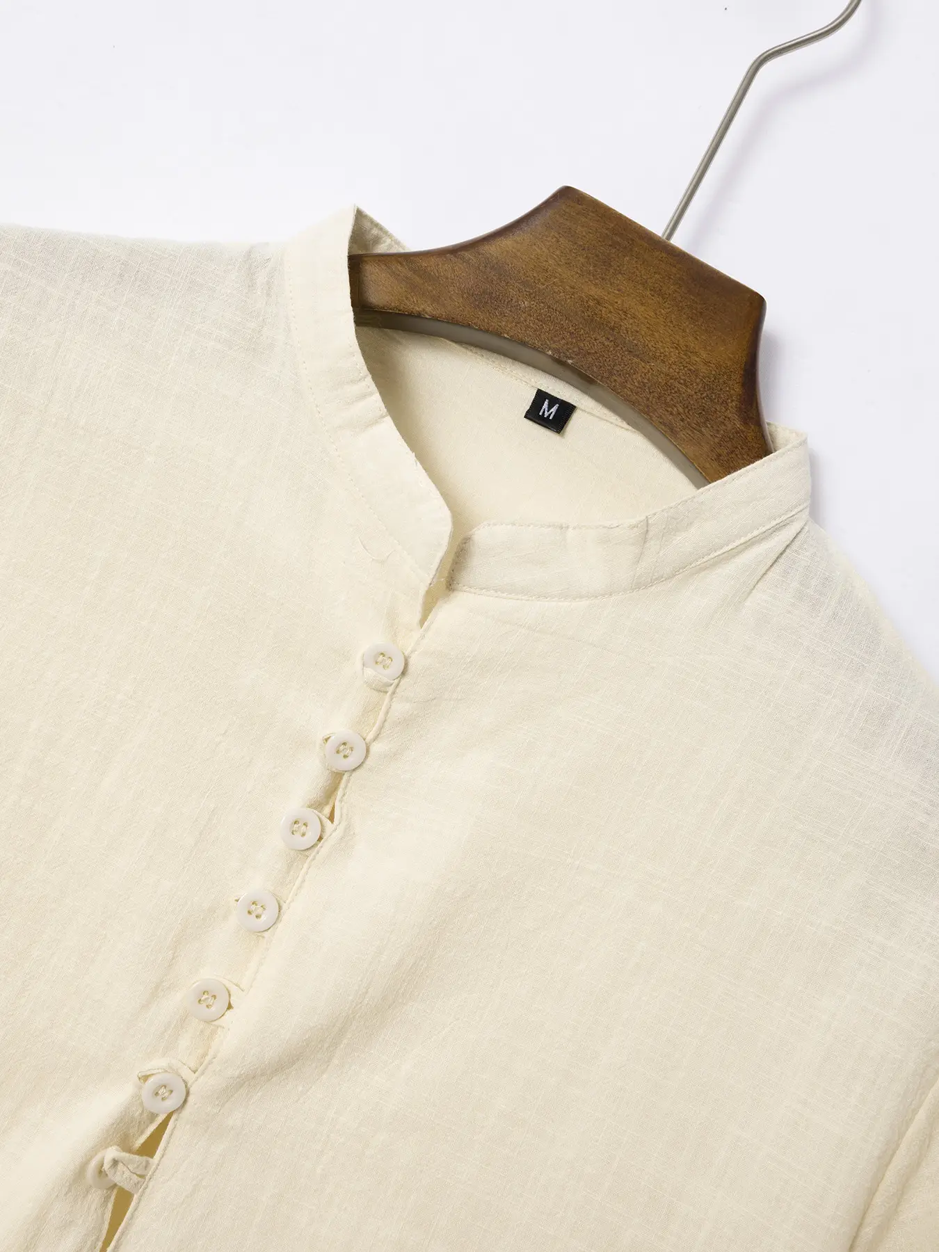 Men Vintage Cotton Linen Henry Collar Shirt Blue Short Sleeve — feature 17