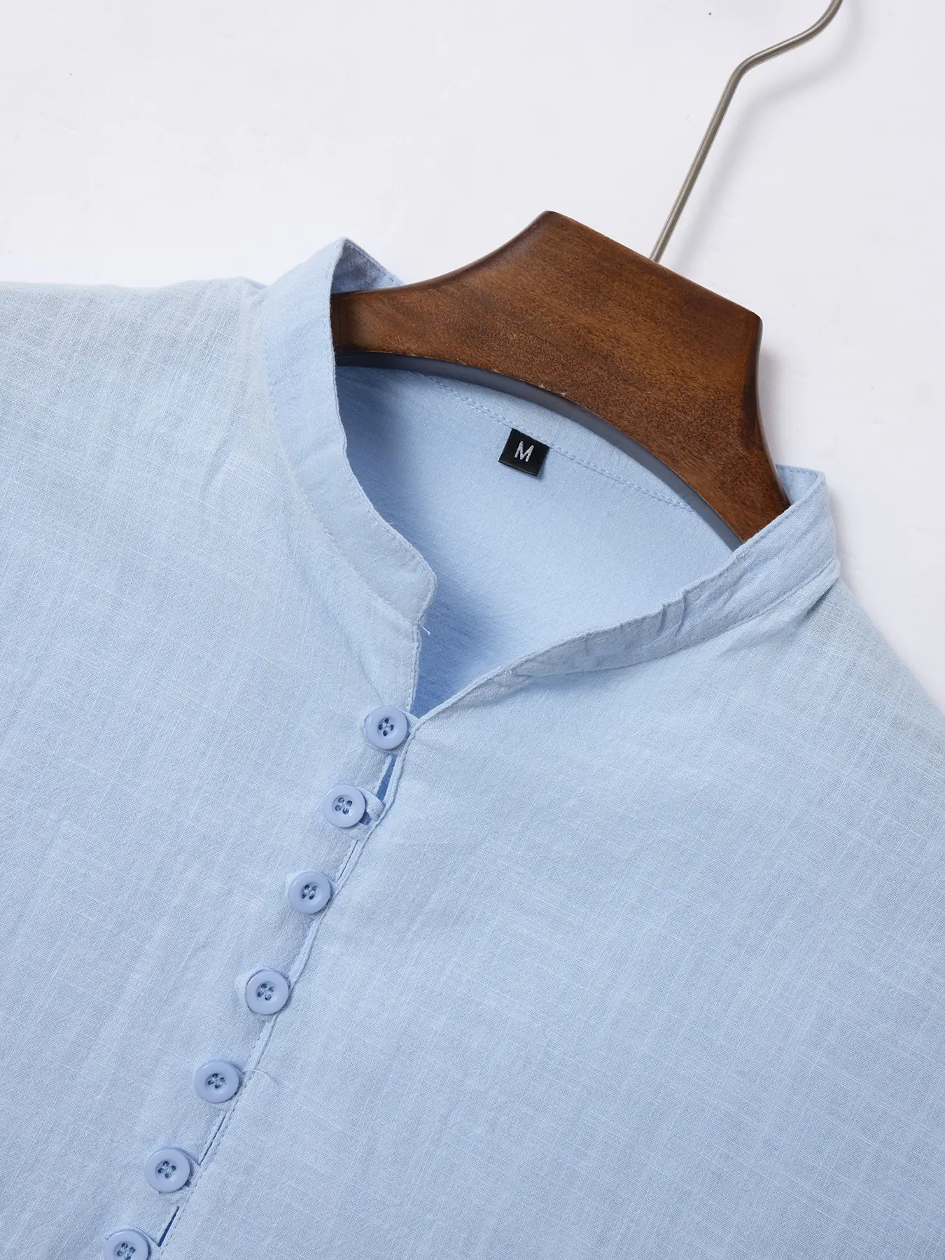 Men Vintage Cotton Linen Henry Collar Shirt Blue Short Sleeve — feature 22