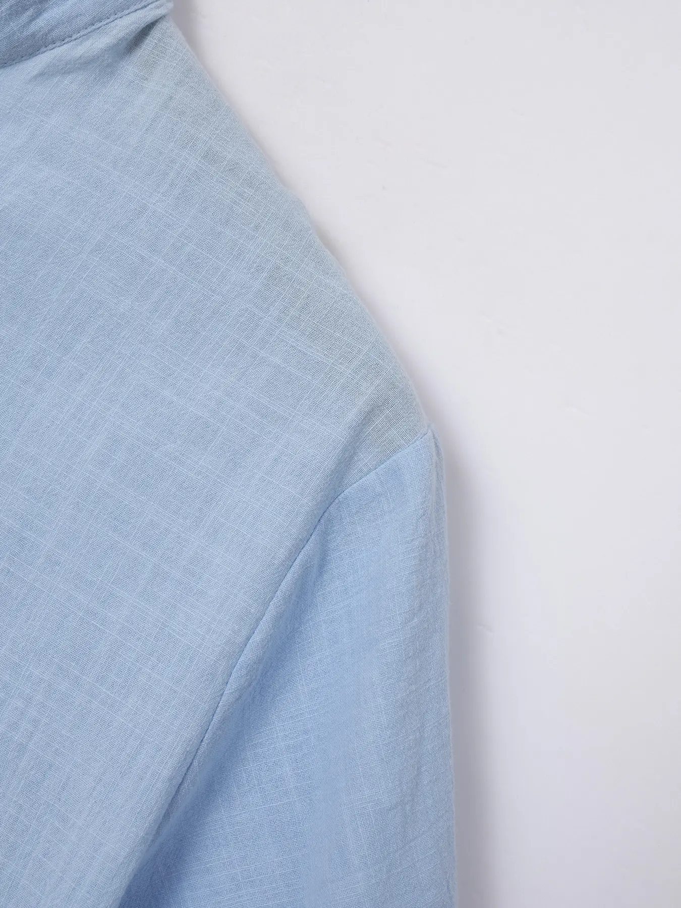 Men Vintage Cotton Linen Henry Collar Shirt Blue Short Sleeve — feature 23