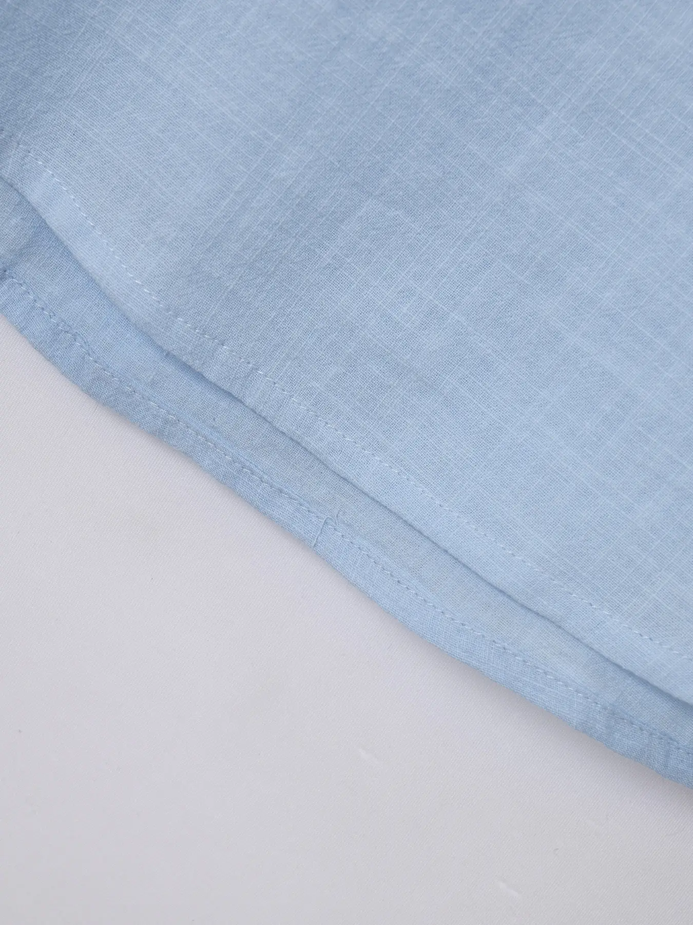 Men Vintage Cotton Linen Henry Collar Shirt Blue Short Sleeve — feature 25