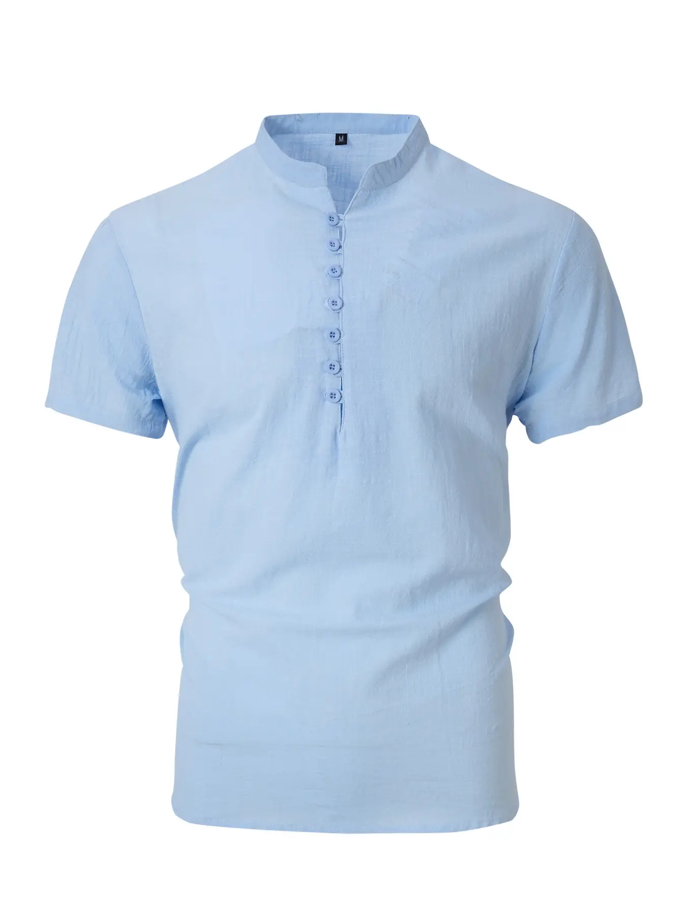 Men Vintage Cotton Linen Henry Collar Shirt Blue Short Sleeve — feature 7