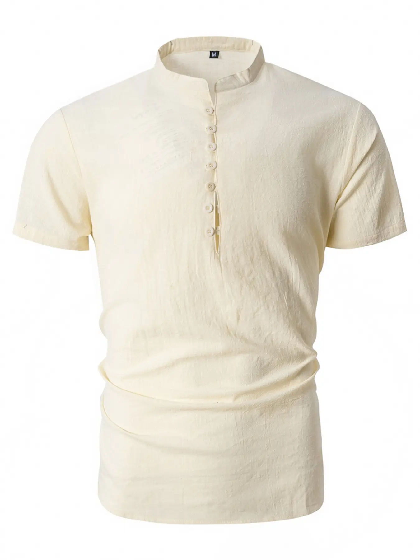 Men Vintage Cotton Linen Henry Collar Shirt Blue Short Sleeve — feature 8
