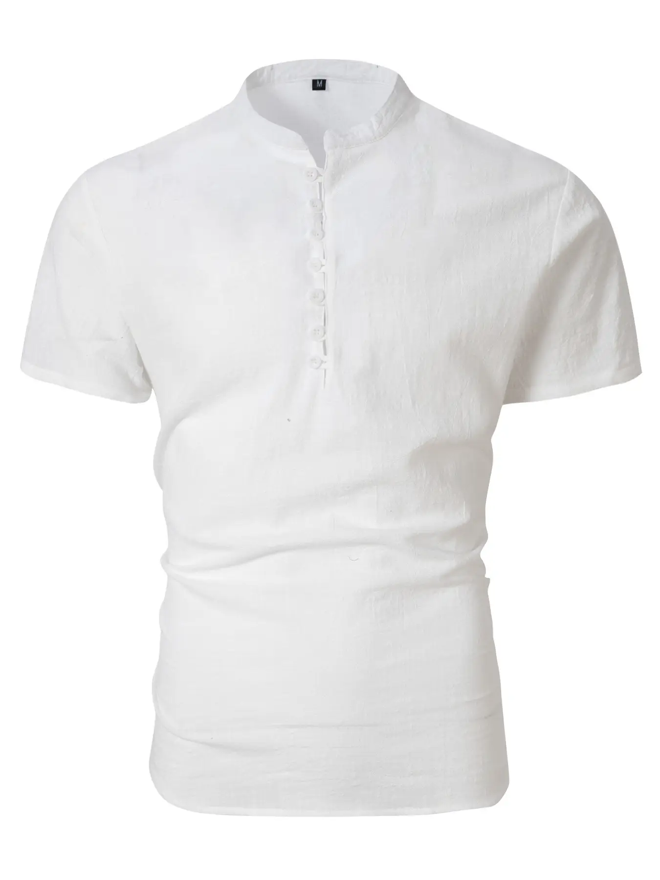 Men Vintage Cotton Linen Henry Collar Shirt Blue Short Sleeve — feature 9