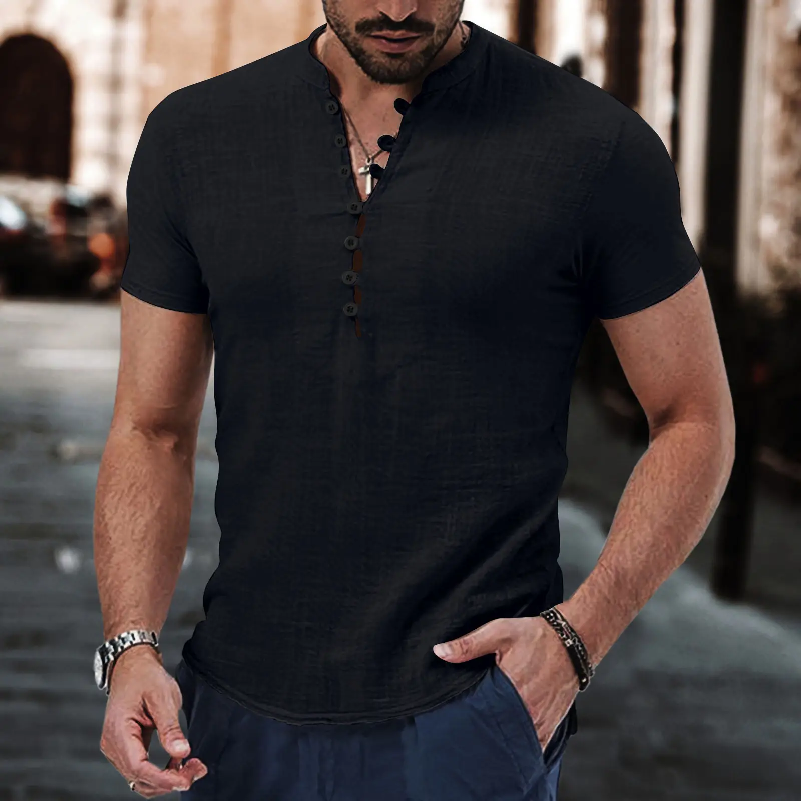 Men Vintage Cotton Linen Henry Collar Shirt Blue Short Sleeve — feature 5