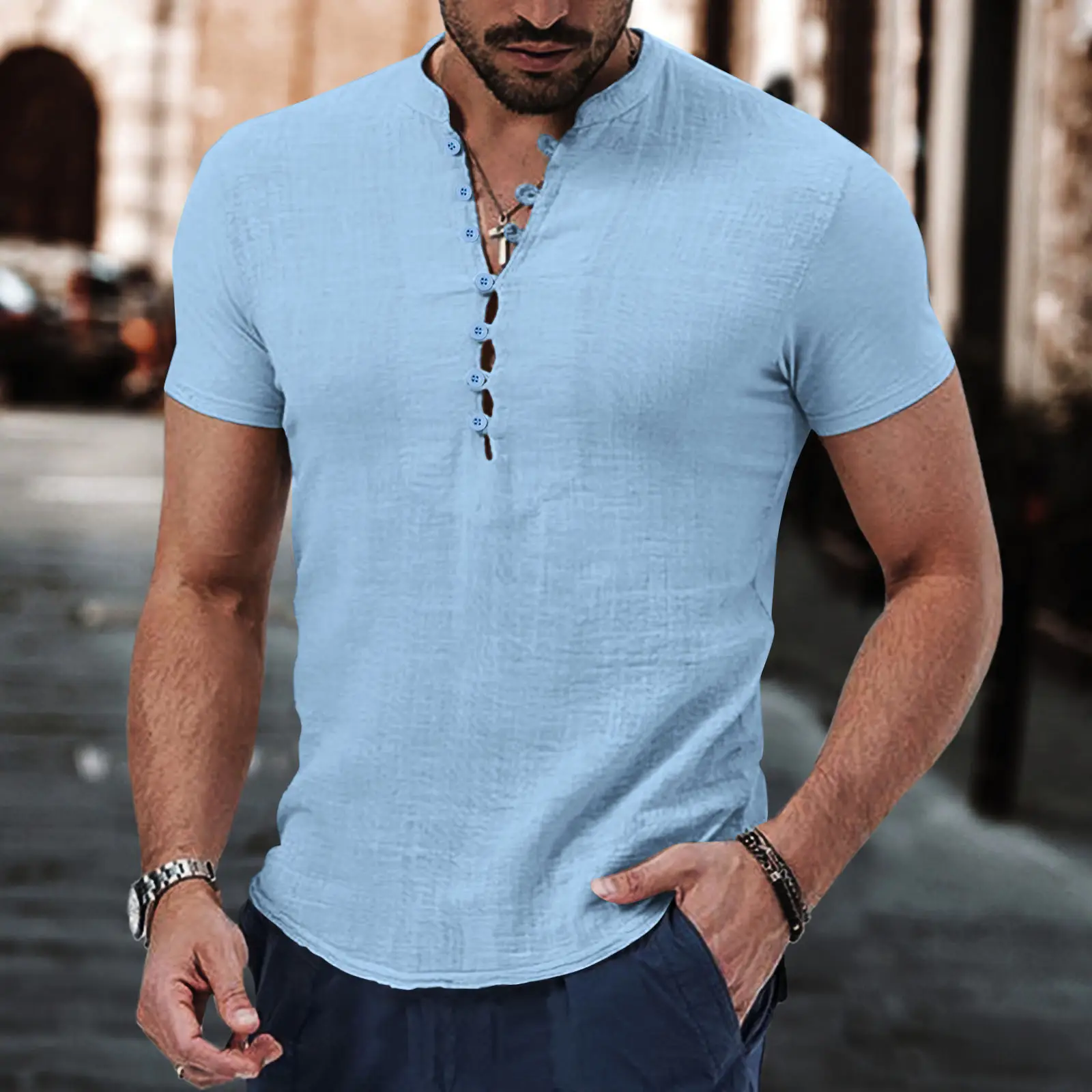 Men Vintage Cotton Linen Henry Collar Shirt Blue Short Sleeve - Image 3