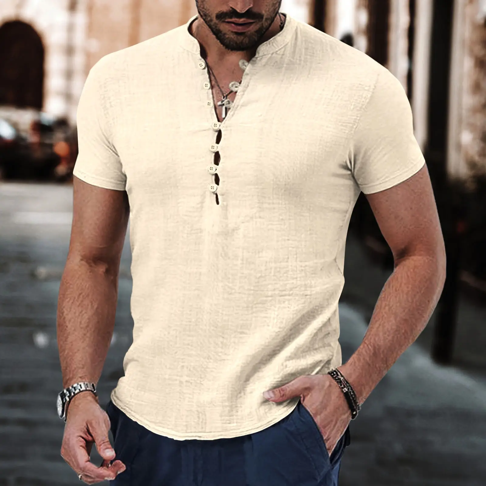 Men Vintage Cotton Linen Henry Collar Shirt Blue Short Sleeve - Image 4