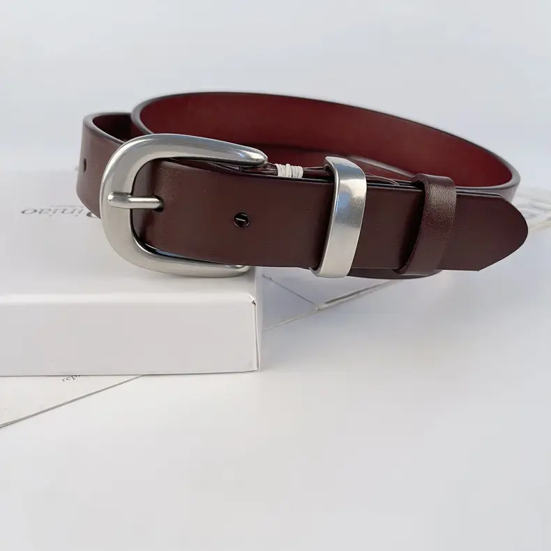 Women's Brown Genuine Leather Belt with Silver Buckle — feature 14