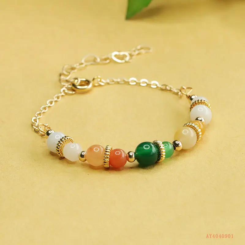 Aiyu Jade Bracelet Green Chalcedony Pearl Gold Chain - Image 3