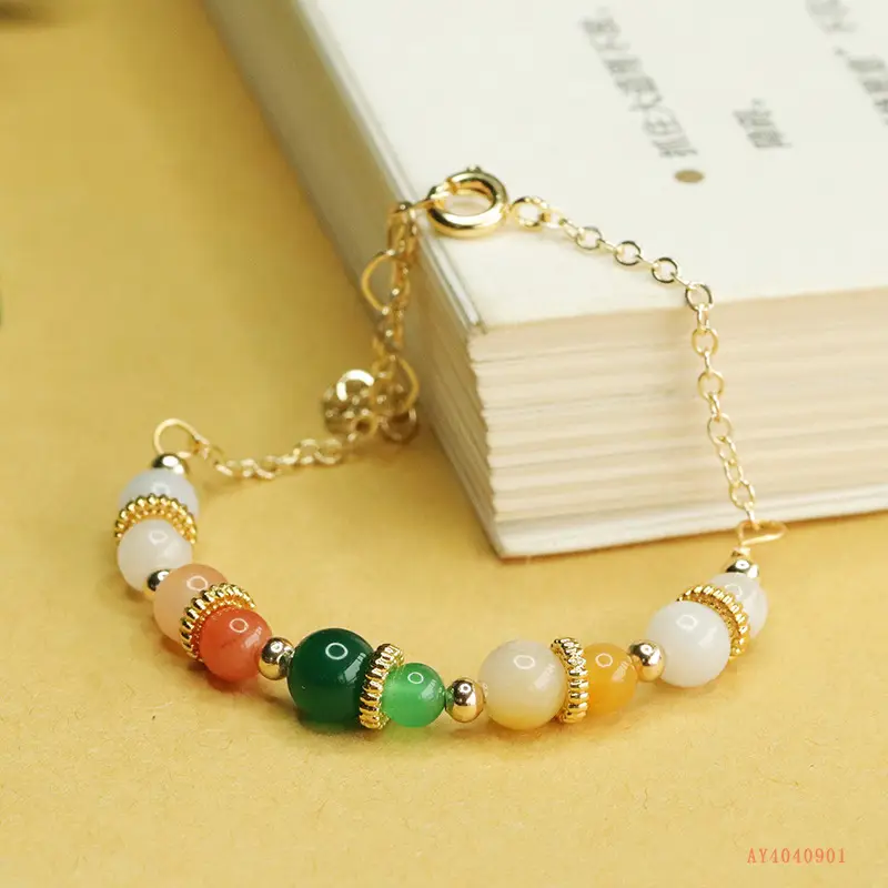 Aiyu Jade Bracelet Green Chalcedony Pearl Gold Chain - Image 4