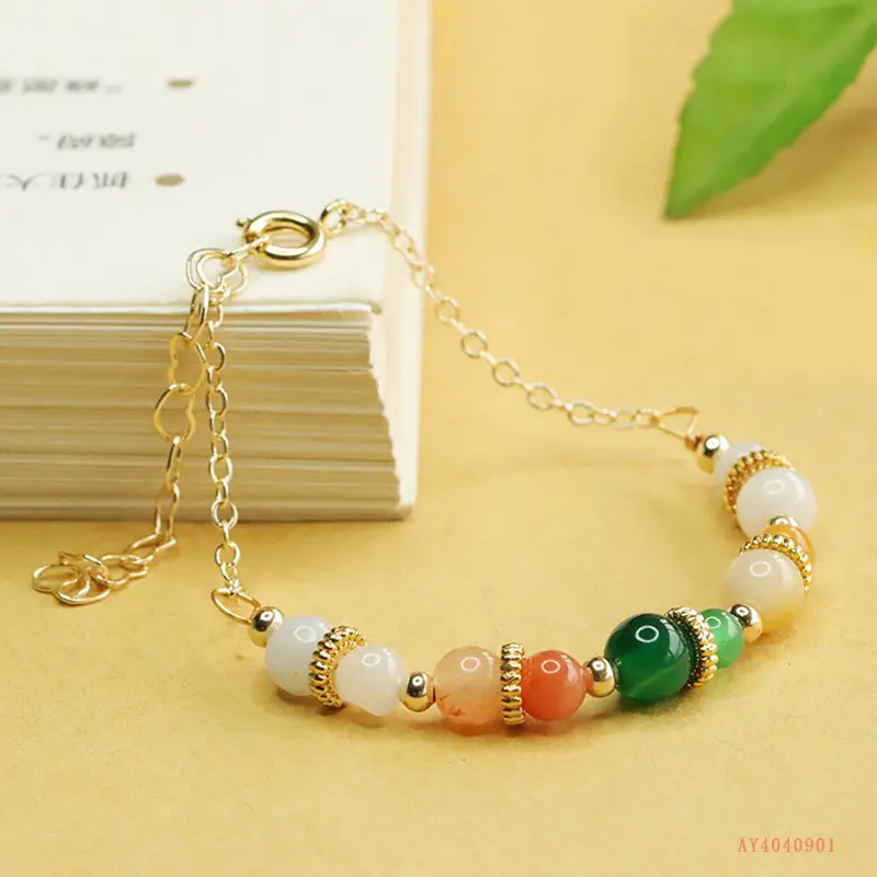 Aiyu Jade Bracelet Green Chalcedony Pearl Gold Chain - Image 5