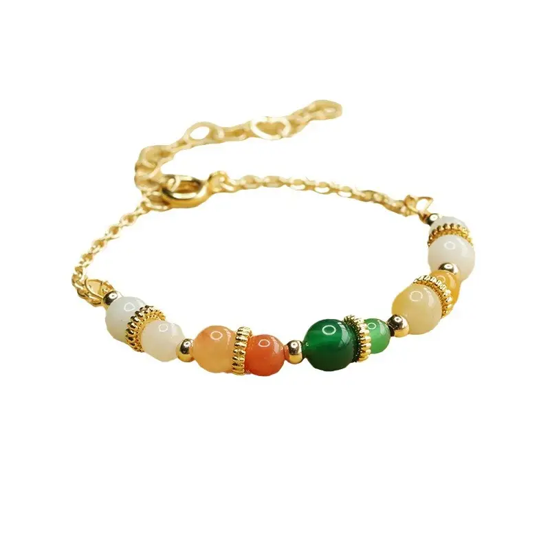 Aiyu Jade Bracelet Green Chalcedony Pearl Gold Chain - Image 6