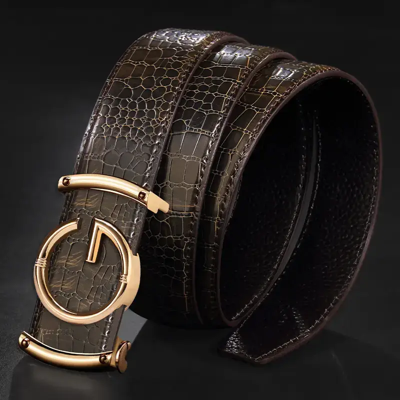 Men's Brown Croc Leather Belt with Gold Buckle - Image 5