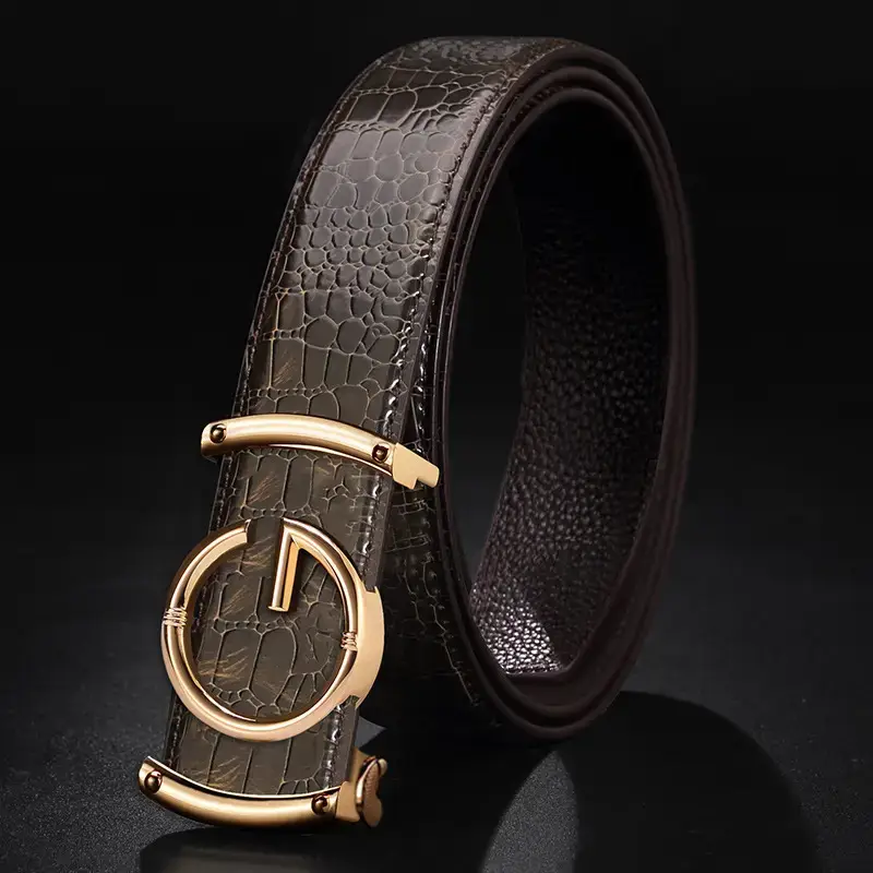 Men's Brown Croc Leather Belt with Gold Buckle - Image 3