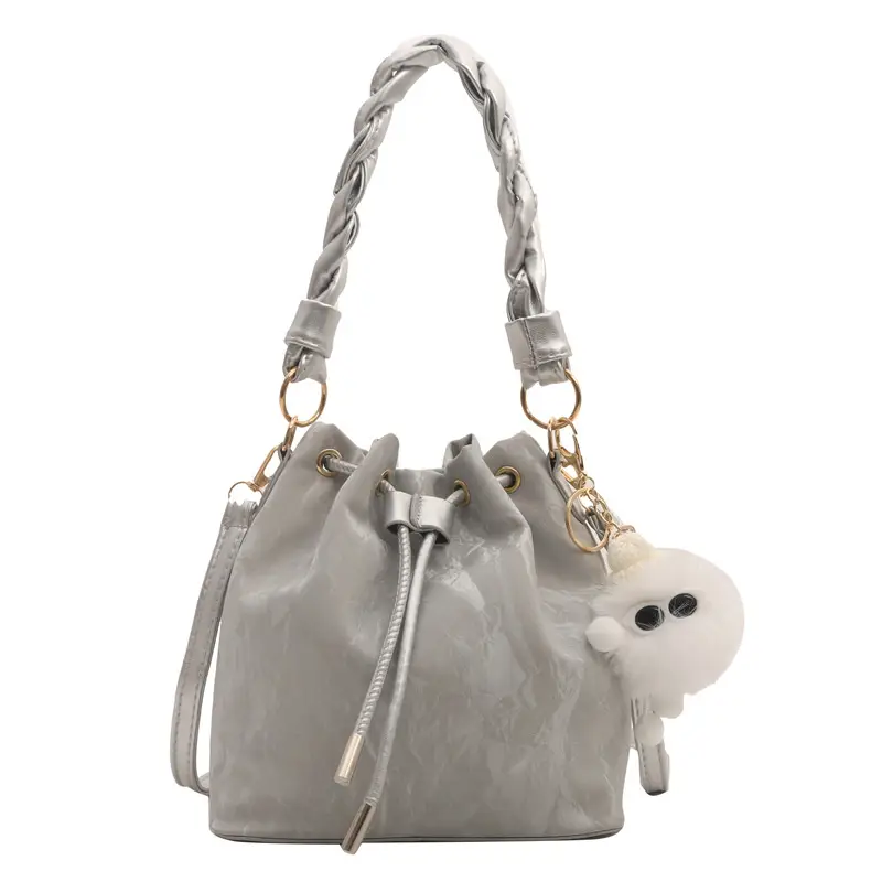 Women's Light Grey Bucket Bag with Chain Strap - Image 13
