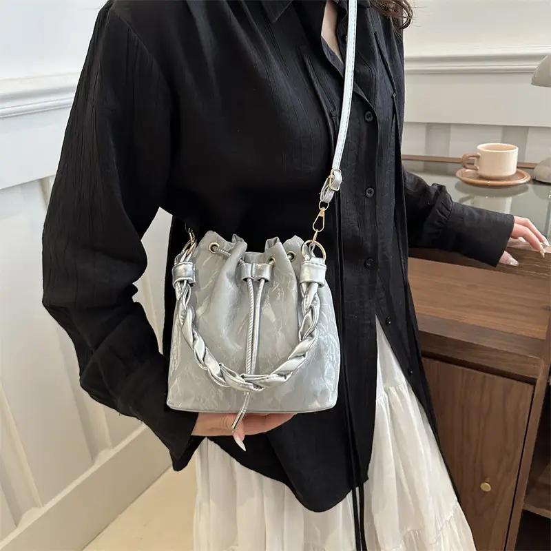Women's Light Grey Bucket Bag with Chain Strap - Image 4