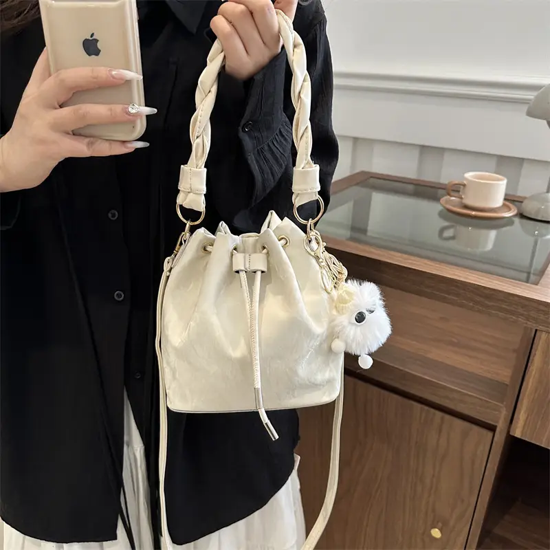 Women's Light Grey Bucket Bag with Chain Strap - Image 5