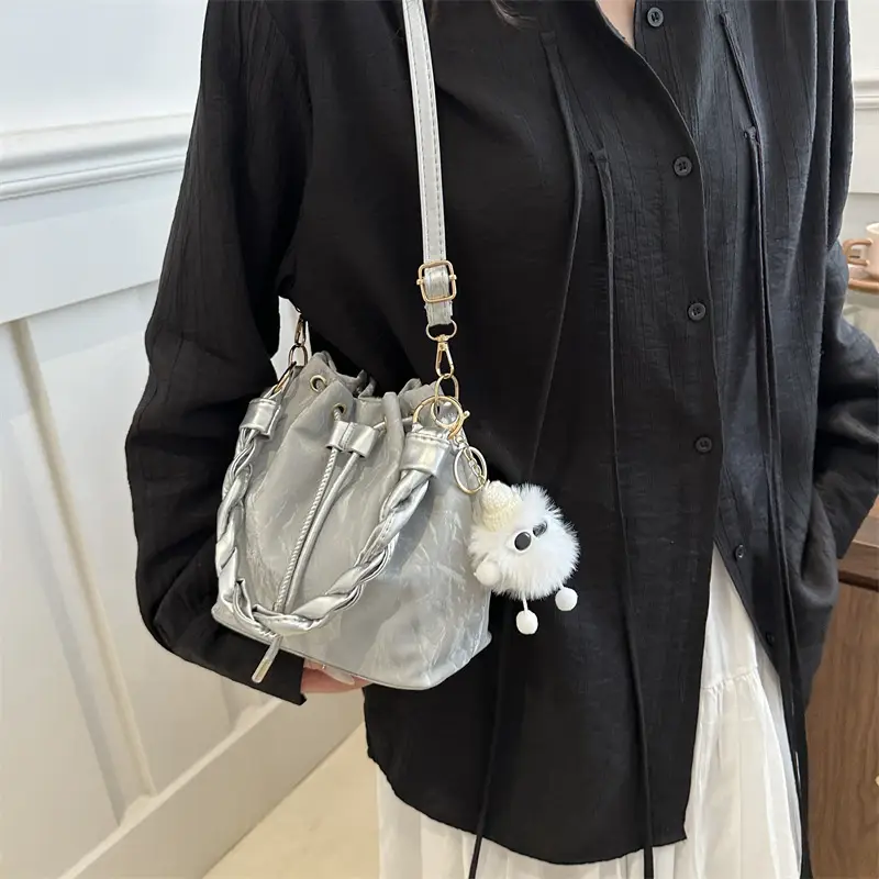 Women's Light Grey Bucket Bag with Chain Strap - Image 8