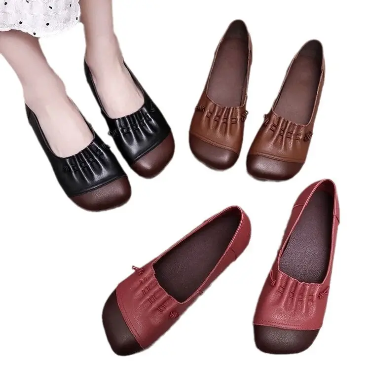 Single Shoes Women's Flat 2024 Spring New Soft Bottom Soft Leather Shallow Women's Shoes Mother's Shoes Round-toed Slip-on Leather Shoes - Image 9
