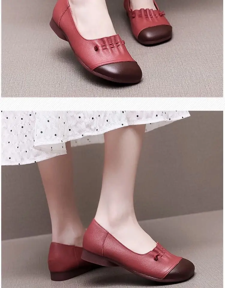 Single Shoes Women's Flat 2024 Spring New Soft Bottom Soft Leather Shallow Women's Shoes Mother's Shoes Round-toed Slip-on Leather Shoes — feature 2