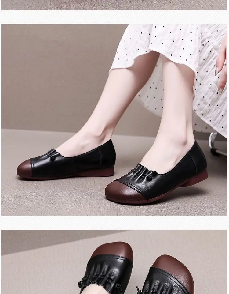 Single Shoes Women's Flat 2024 Spring New Soft Bottom Soft Leather Shallow Women's Shoes Mother's Shoes Round-toed Slip-on Leather Shoes — feature 4