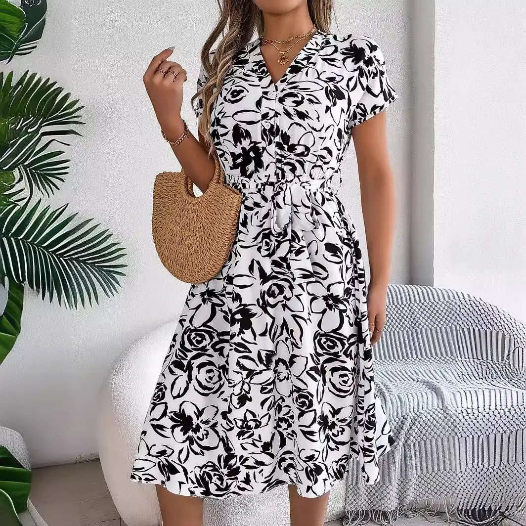 2026 European and American Amazon Spring/Summer Casual V-Neck Button Batwing Sleeve Floral Flared Dress Women's Clothing
