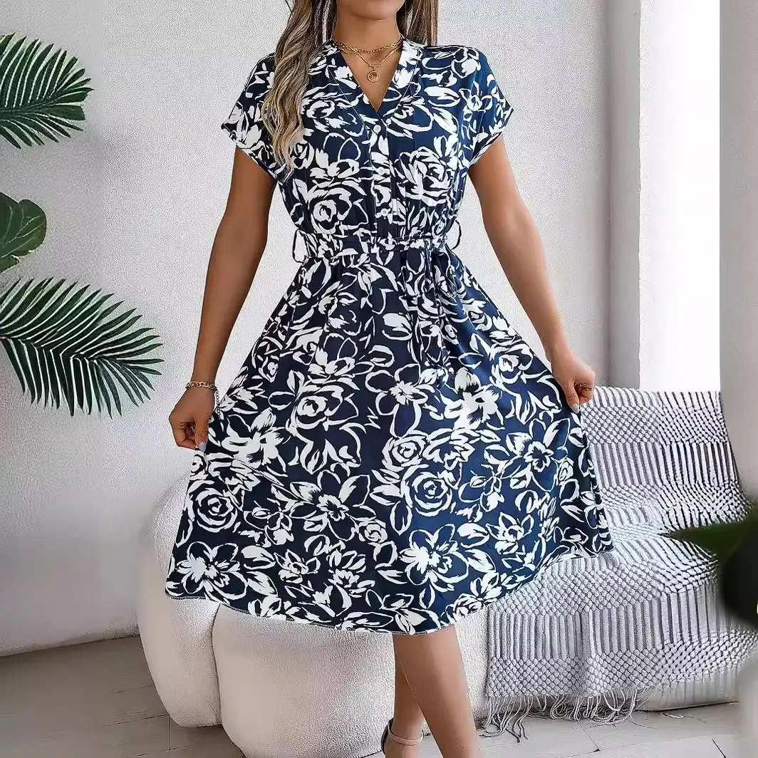 2026 European and American Amazon Spring/Summer Casual V-Neck Button Batwing Sleeve Floral Flared Dress Women's Clothing