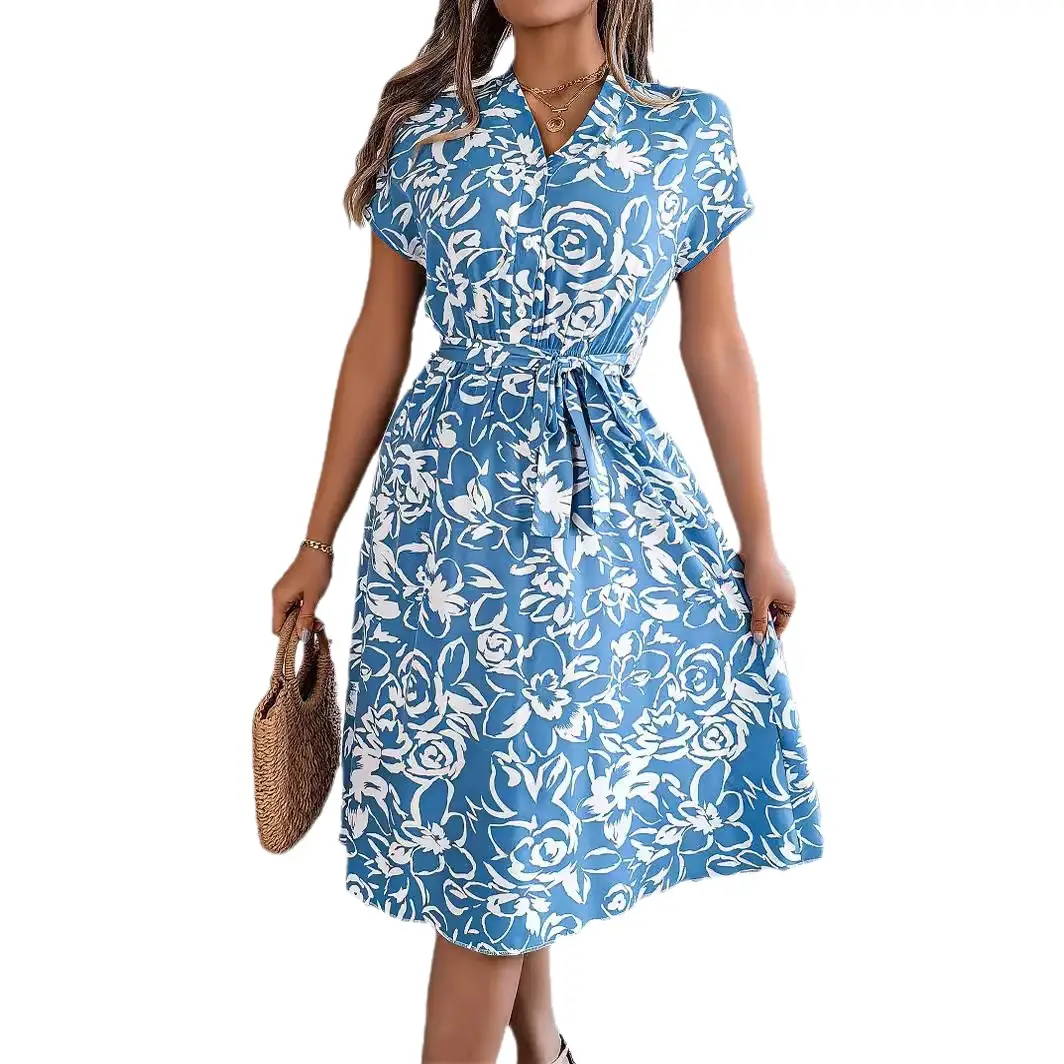 2026 European and American Amazon Spring/Summer Casual V-Neck Button Batwing Sleeve Floral Flared Dress Women's Clothing