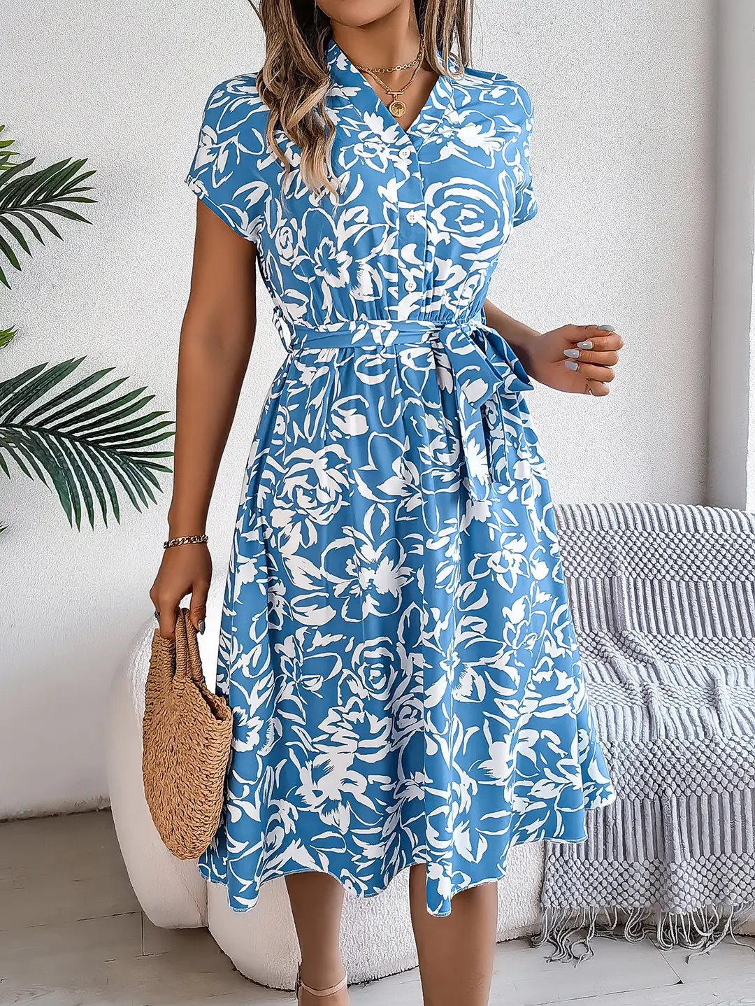 2026 European and American Amazon Spring/Summer Casual V-Neck Button Batwing Sleeve Floral Flared Dress Women's Clothing