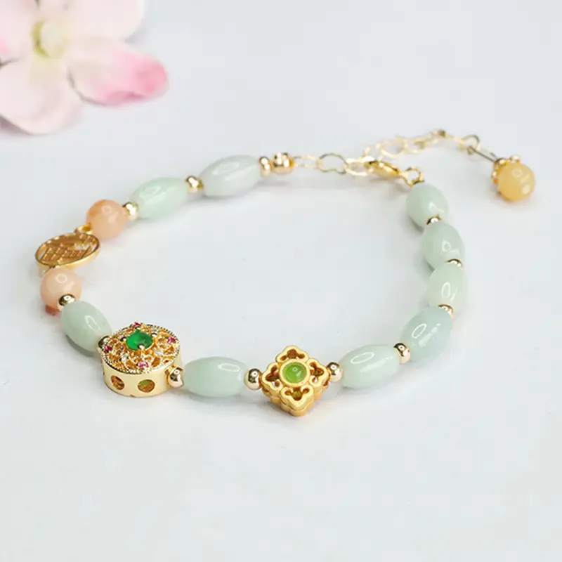 Guan Yu Jadeite Bracelet with Green & Pink Beads