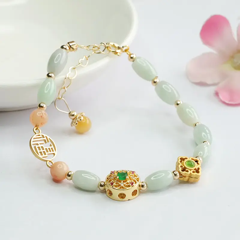 Guan Yu Jadeite Bracelet with Green & Pink Beads — feature 8