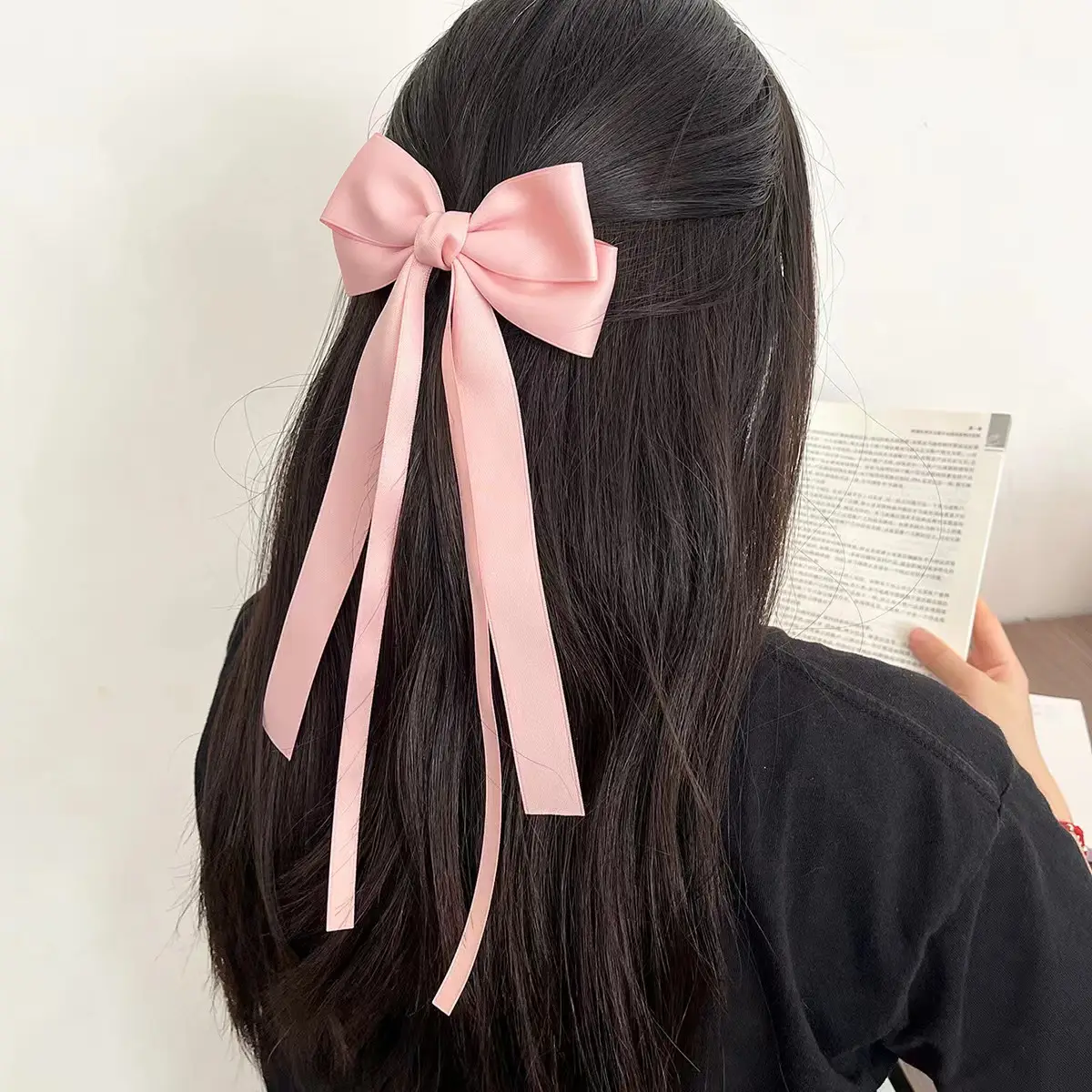 Red Bow Hairpin for Girls Long Ribbon Back Clip - Image 3