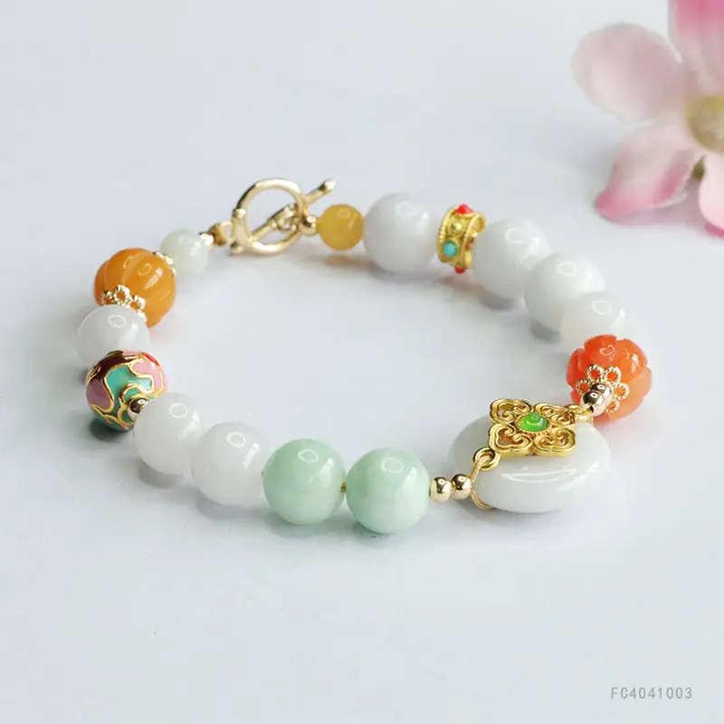 Jade Peace Pendant Bracelet White Orange Green - Image 3