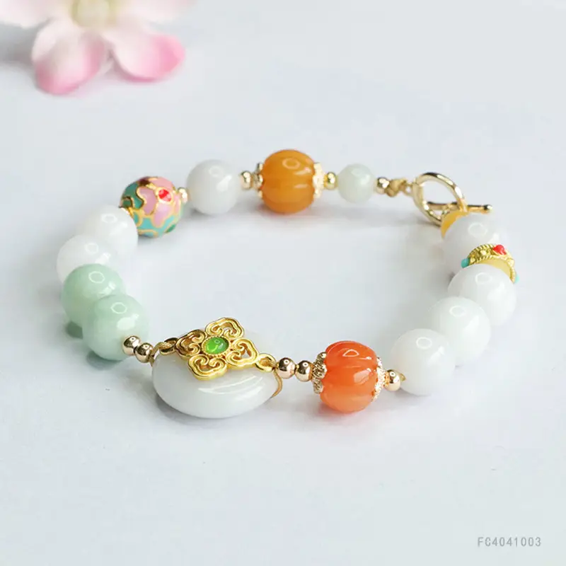 Jade Peace Pendant Bracelet White Orange Green - Image 4