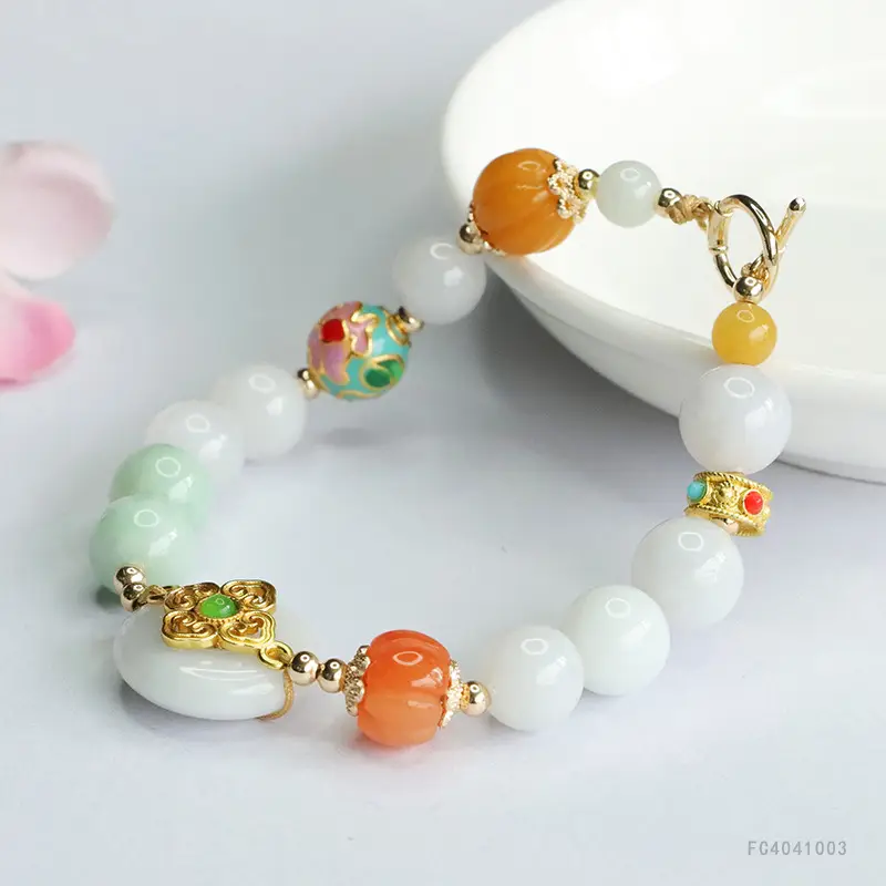 Jade Peace Pendant Bracelet White Orange Green - Image 5