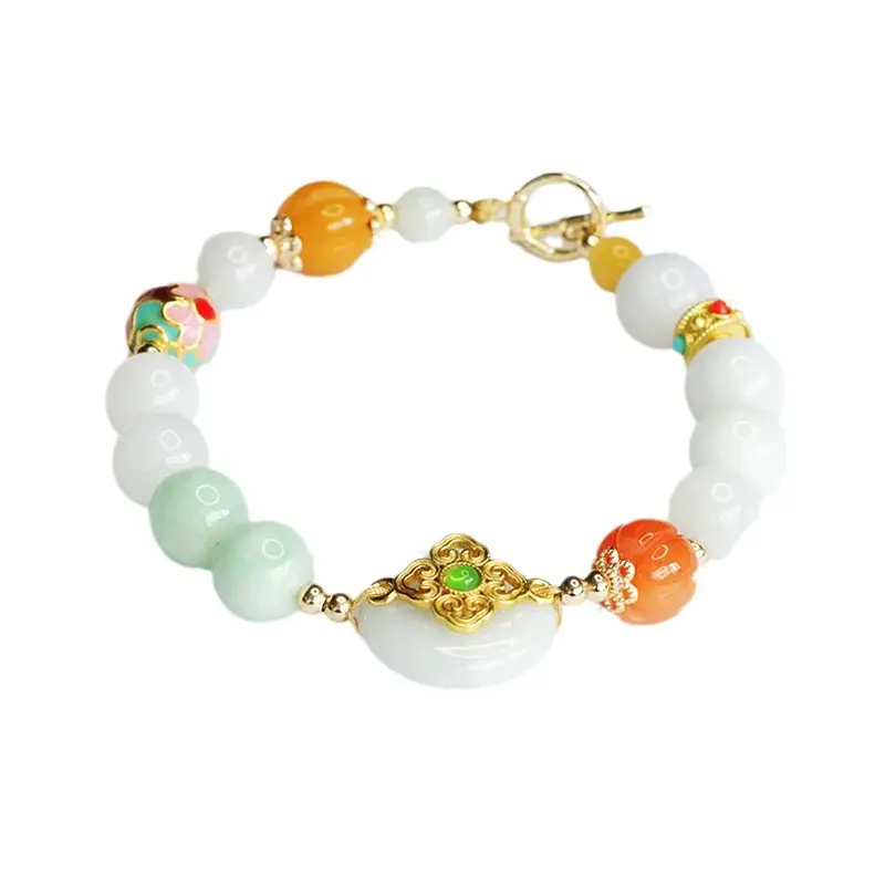 Jade Peace Pendant Bracelet White Orange Green - Image 6