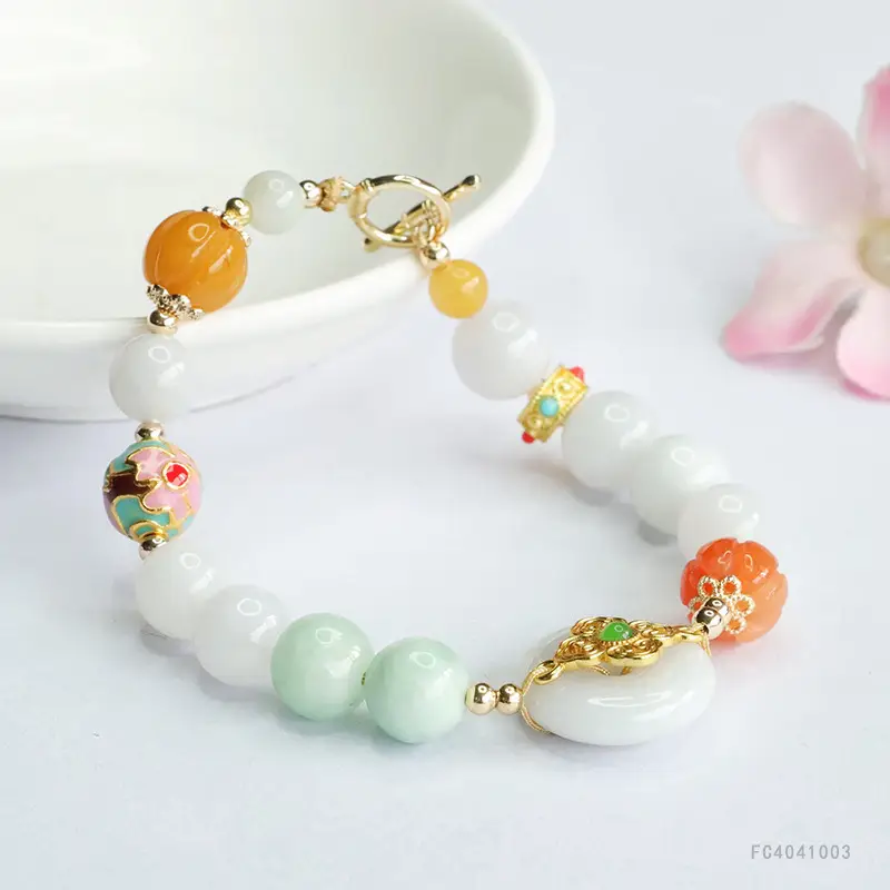 Jade Peace Pendant Bracelet White Orange Green — feature 8