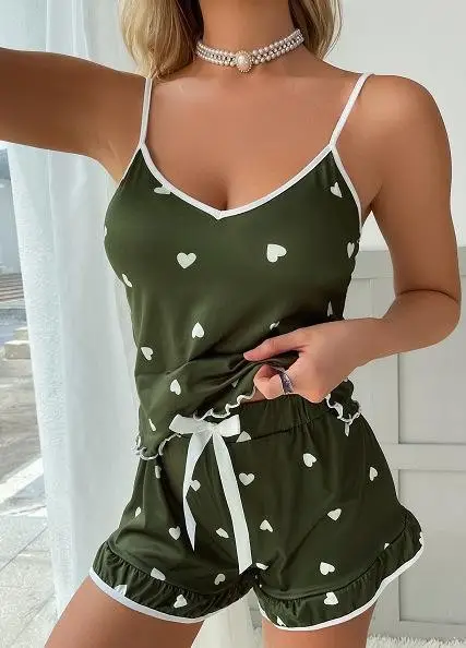 Women's Black Heart Print Pajama Set with Elastic Waist Shorts — feature 12