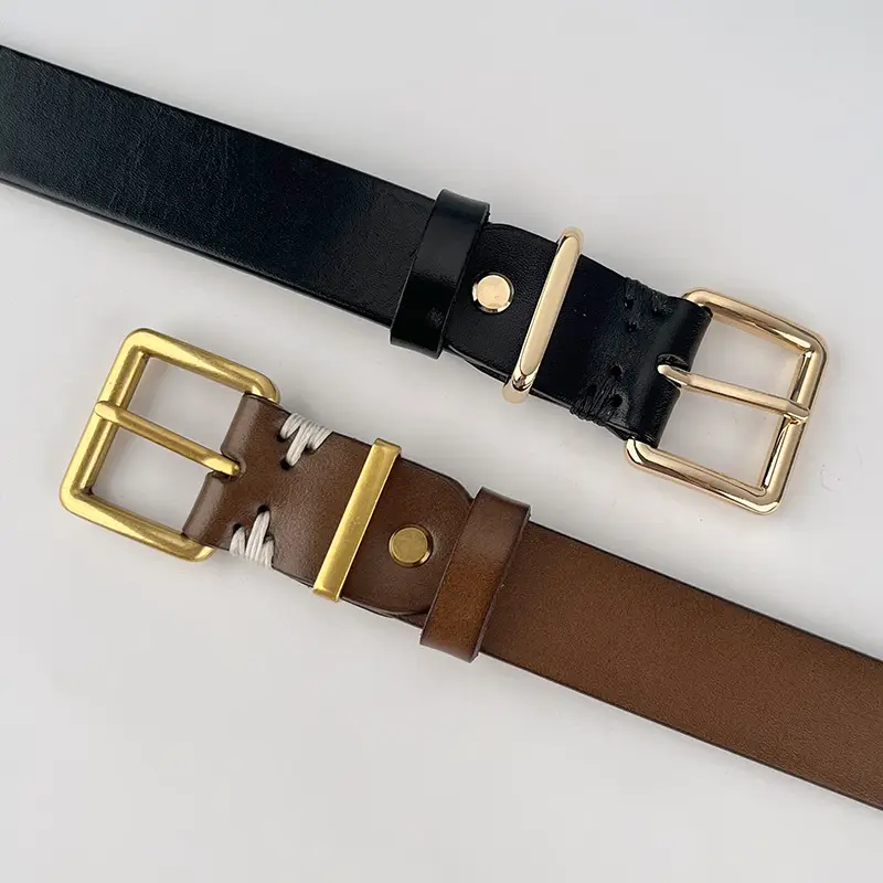 Black Vintage Genuine Leather Women's Belt with Gold Buckle - Image 11