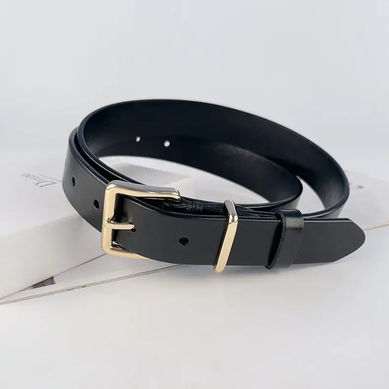 Black Vintage Genuine Leather Women's Belt with Gold Buckle — feature 10
