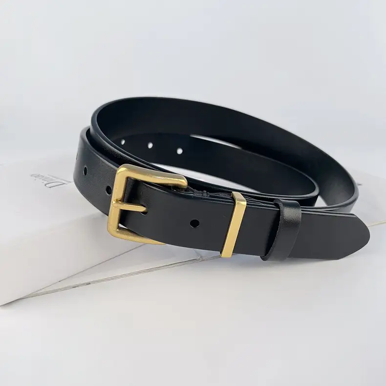 Black Vintage Genuine Leather Women's Belt with Gold Buckle — feature 15