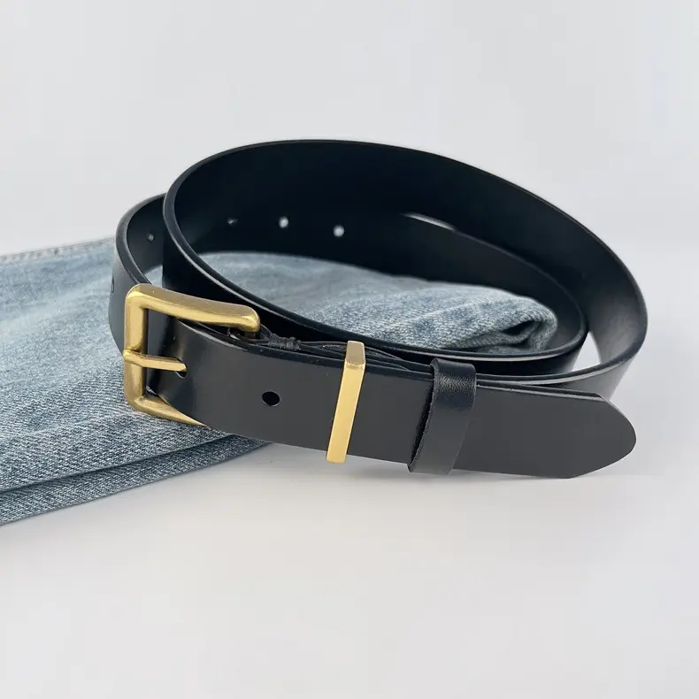 Black Vintage Genuine Leather Women's Belt with Gold Buckle — feature 22