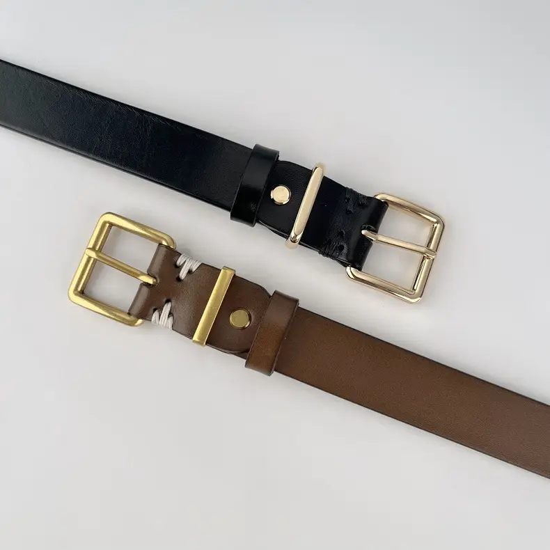 Black Vintage Genuine Leather Women's Belt with Gold Buckle — feature 8