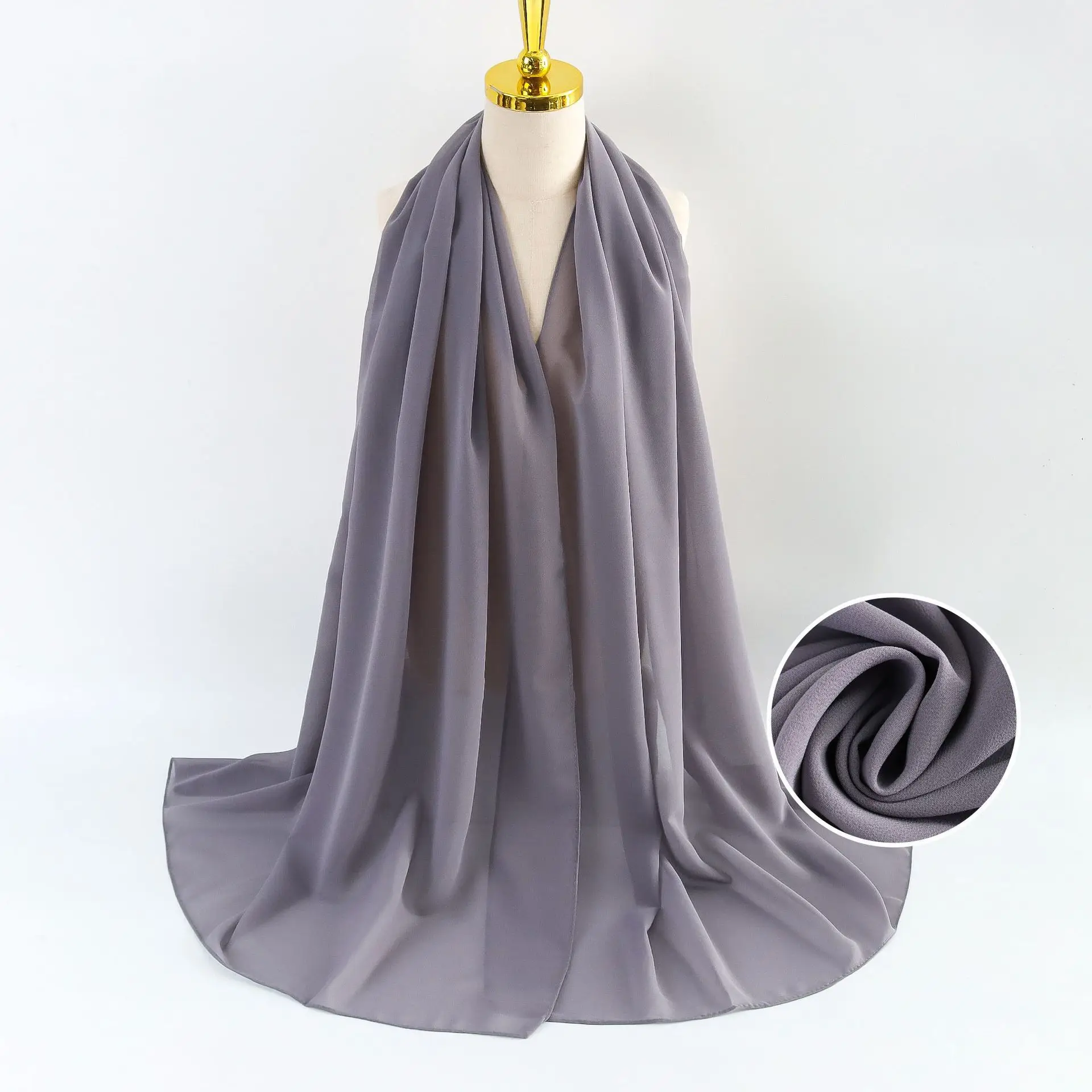 Muslim Pearl Chiffon Headscarf Black Solid Color - Image 115