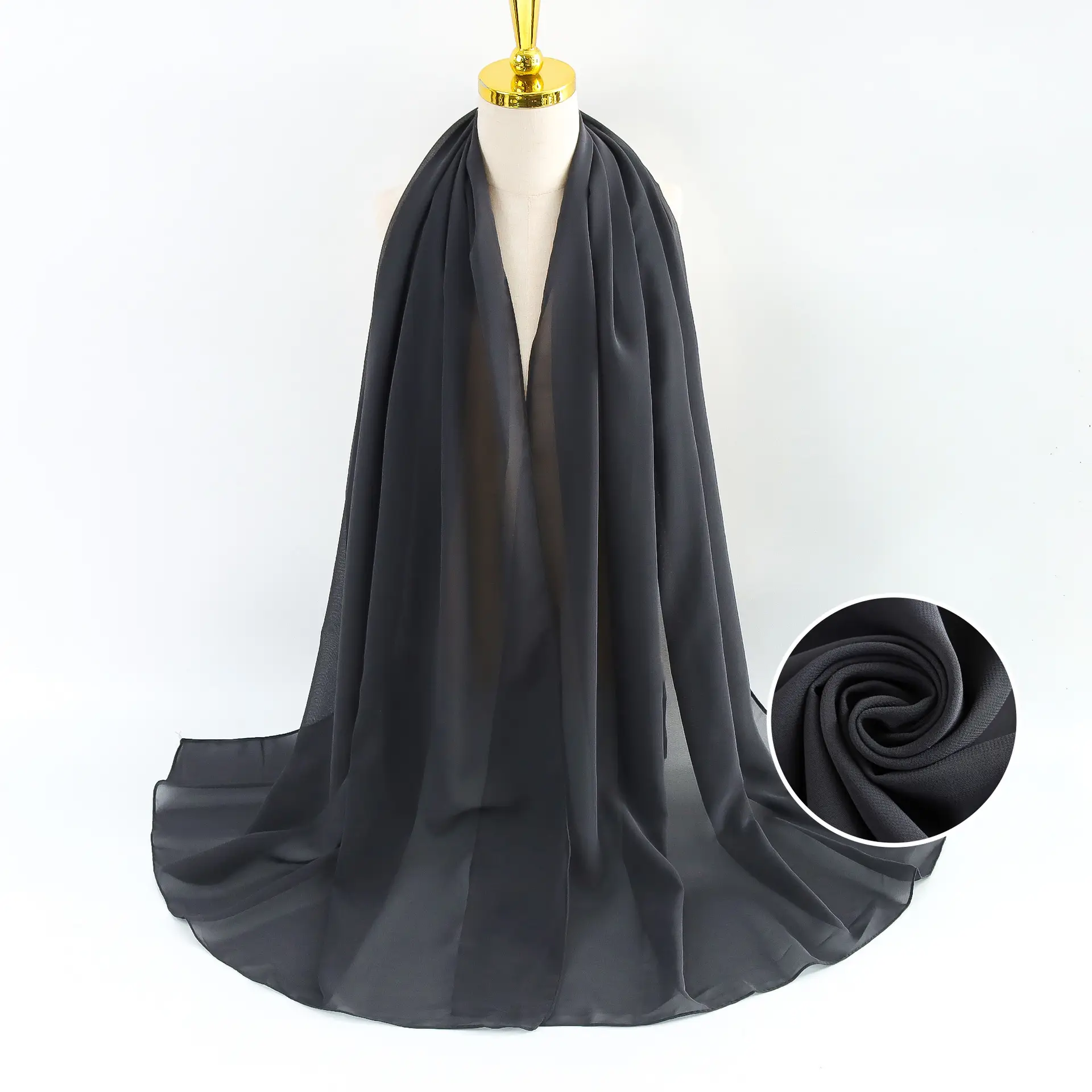 Muslim Pearl Chiffon Headscarf Black Solid Color - Image 12
