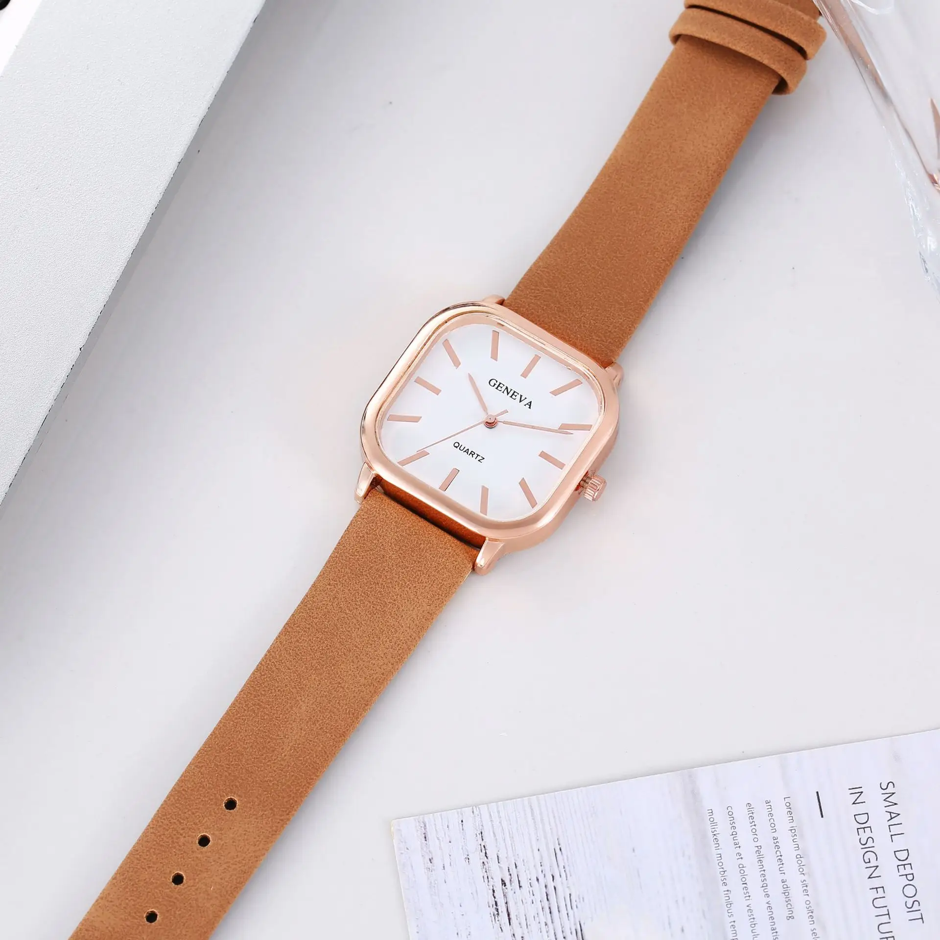 Women's Rose Gold Square Watch Brown Strap Quartz — feature 4