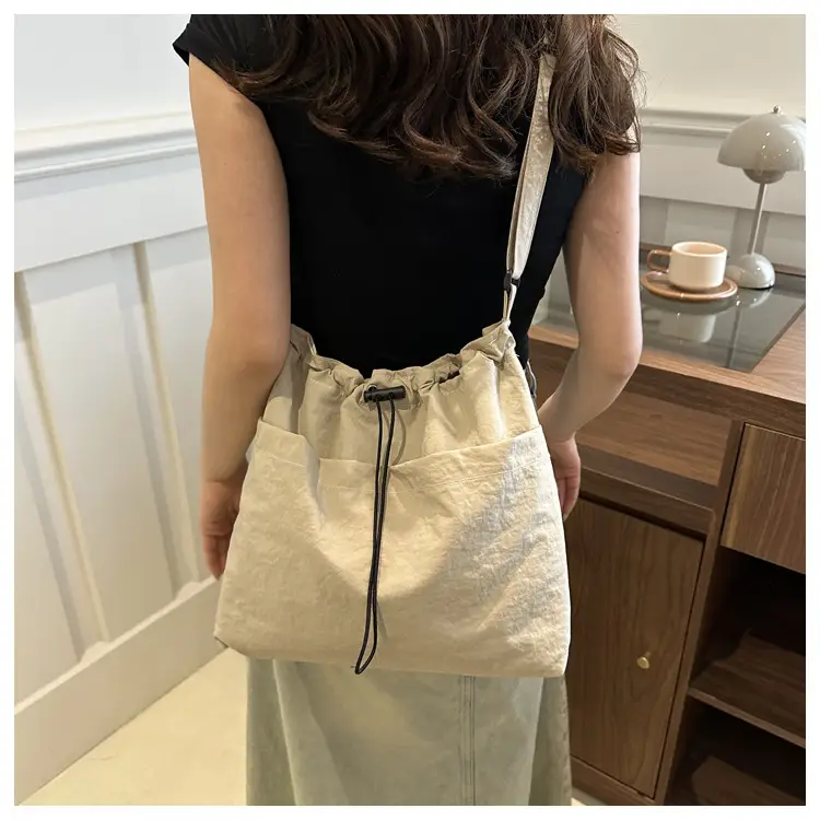 Women's Beige Drawstring Shoulder Bag Large Capacity — feature 7