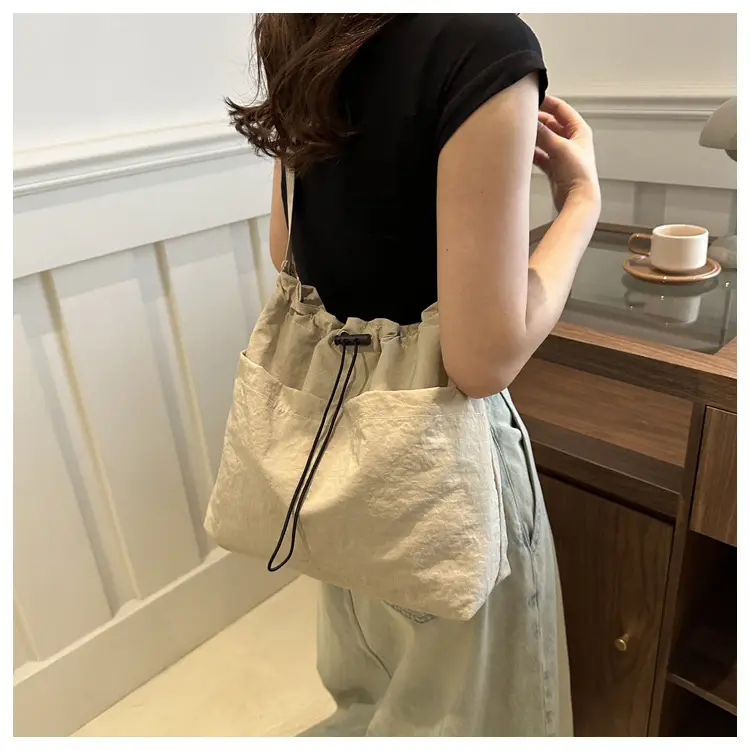 Women's Beige Drawstring Shoulder Bag Large Capacity — feature 8