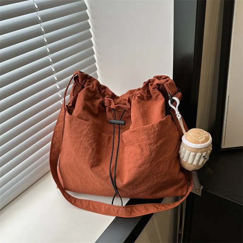 Women's Beige Drawstring Shoulder Bag Large Capacity - Image 4