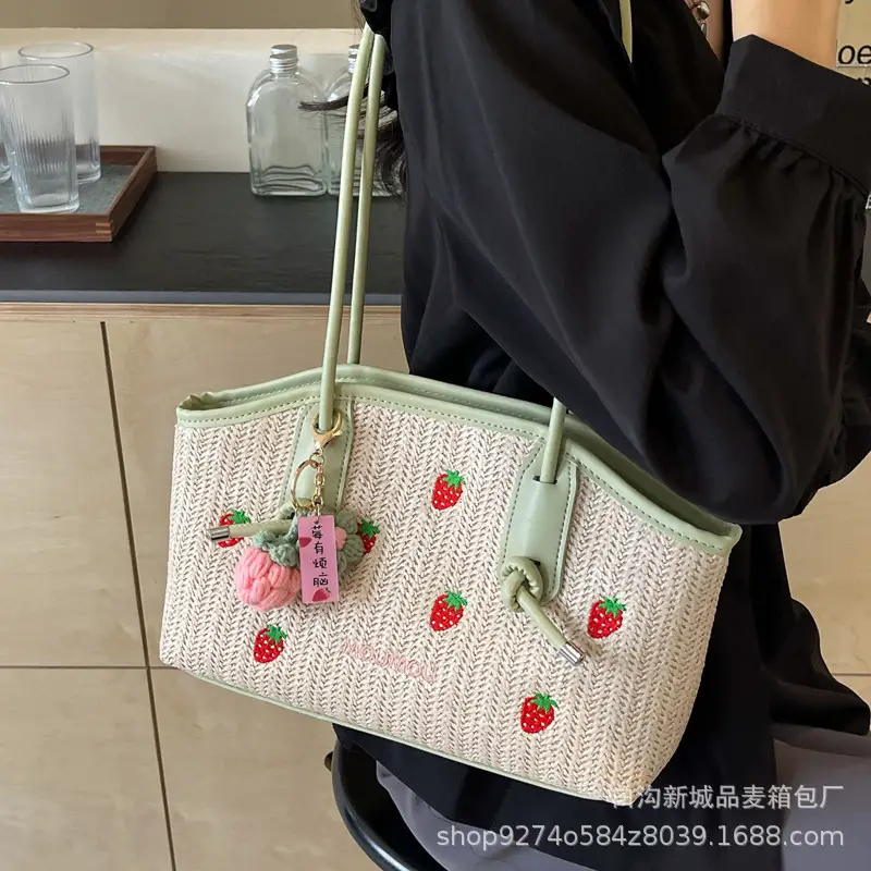 Straw Tote Bag Women Large Capacity Strawberry Embroidered - Image 7